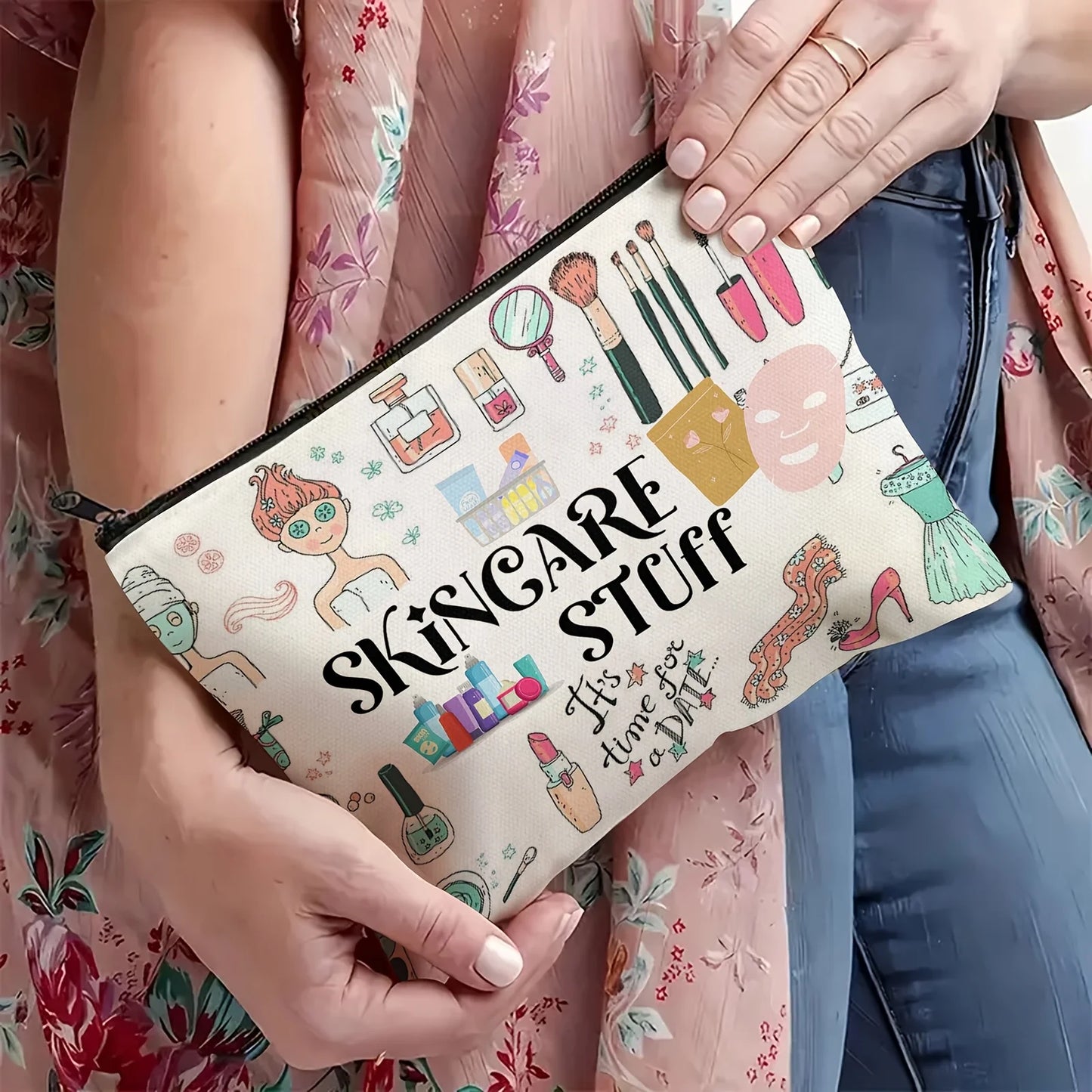 Skincare Stuff Makeup Bag - Fun Cosmetic Pouch with Zipper, Durable Odorless Cosmetic Organizer for Skincare Essentials